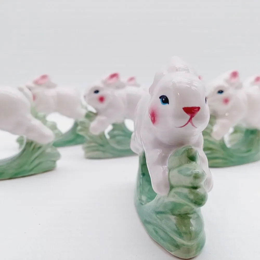 Vtg Bunny Bunnies  Napkin Rings 8 PC Rabbit Ceramic 1998 Brinns Spring Cottage